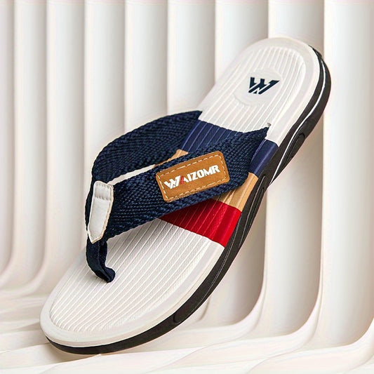 Stylish men's color block flip flops with non-slip rubber sole for indoor activities.