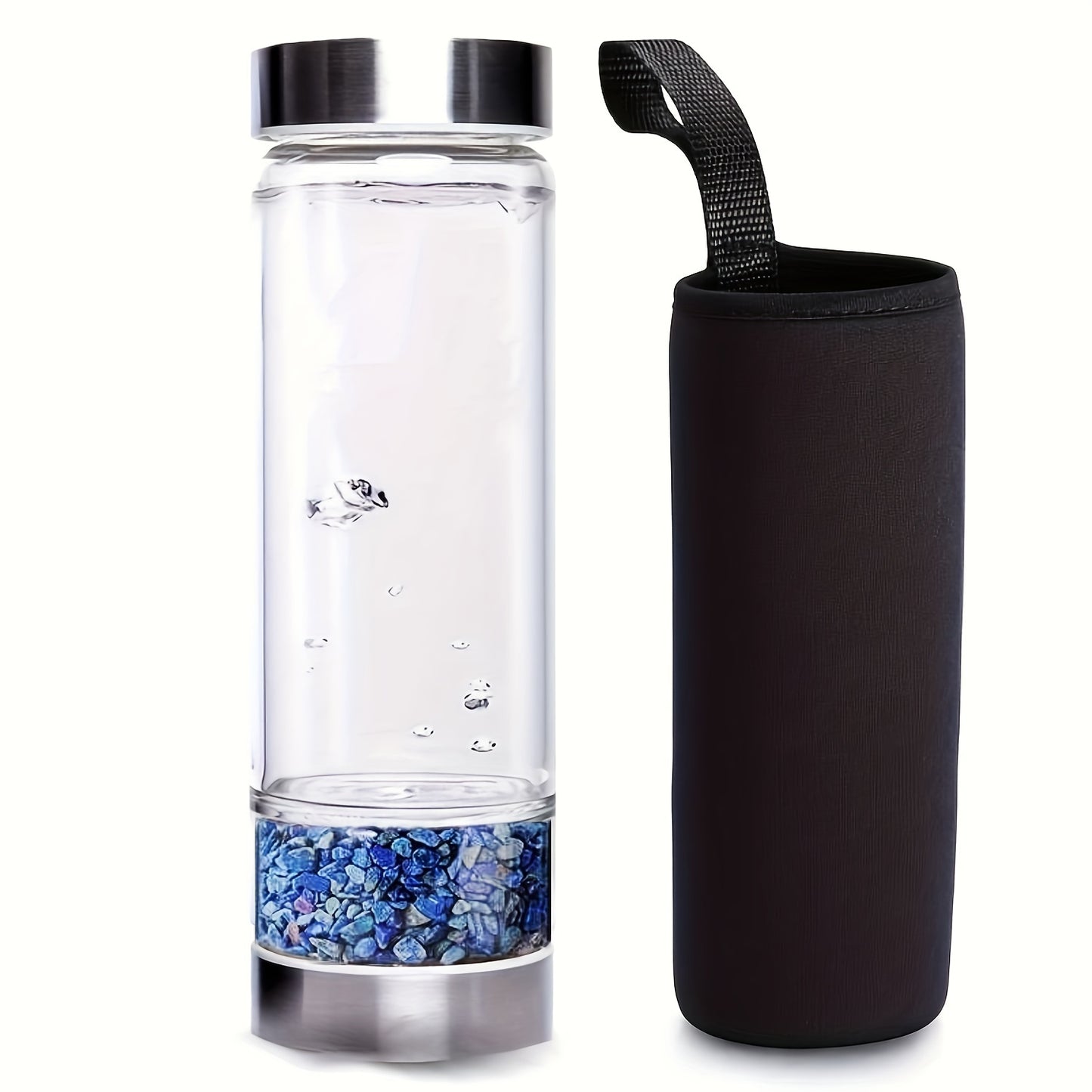 Water bottle with glass construction, removable amethyst, and protective cover included.