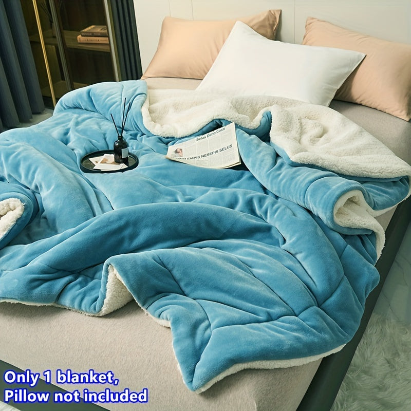 Luxurious double-layer blanket made from soft milk velvet lamb fleece, perfect for staying warm during winter. Can be machine washed and used as a versatile bedding accessory.