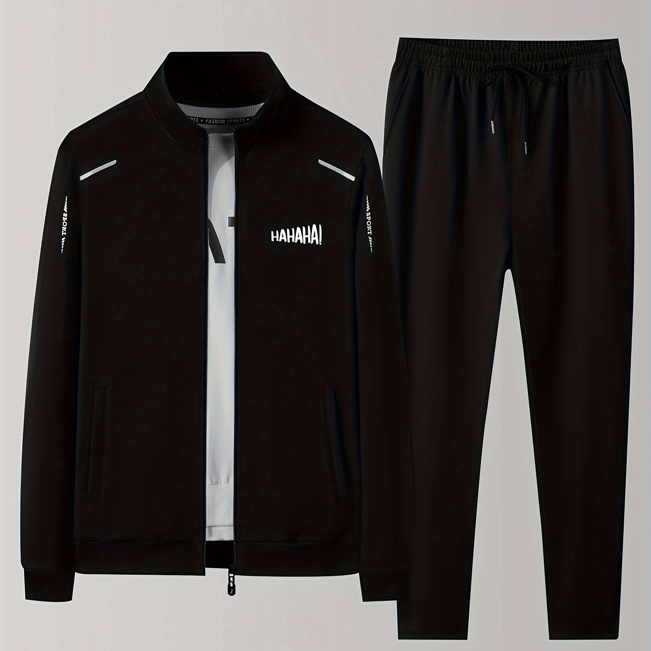 Men's two-piece casual sports suit with stand collar open shirt for spring and autumn.