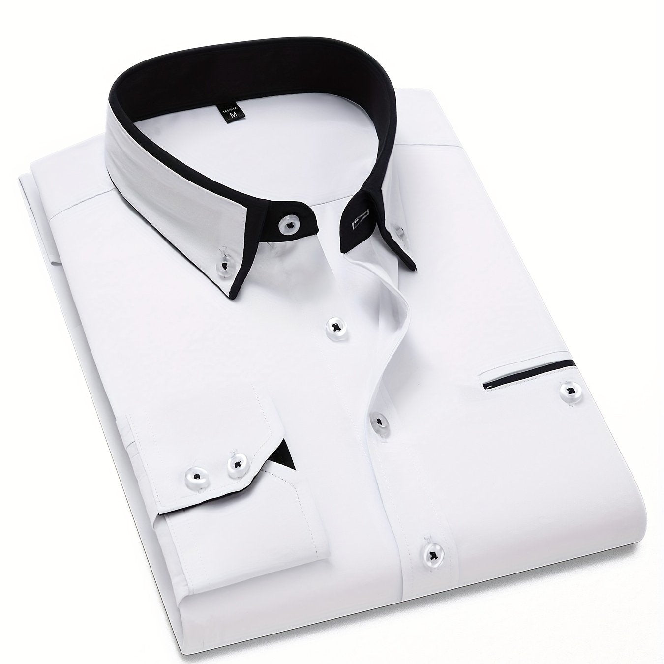 Long sleeve men's dress shirts with contrast lapel collar design, suitable for formal occasions.