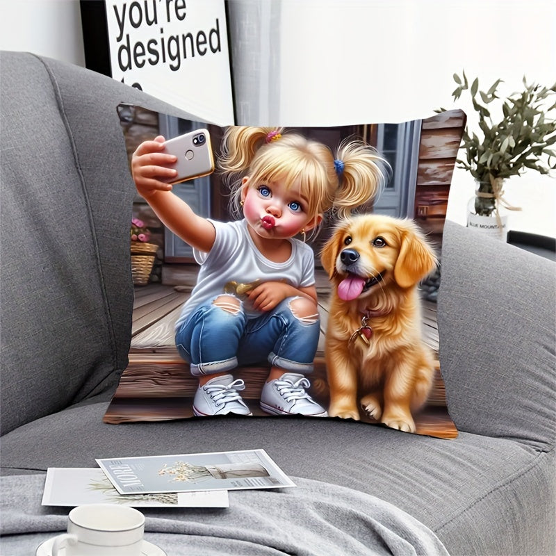 Charming Girl & Dog Print Pillowcase (44.96cm x 44.96cm) - French Style, Machine Washable, Zippered, 100% Polyester - Perfect for Living Room & Bedroom Décor