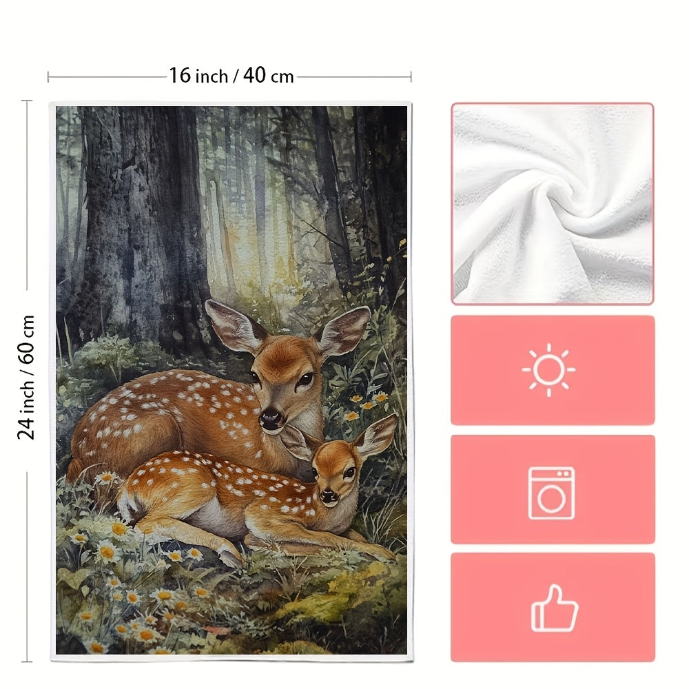 Set of 2 Coastal Style Kitchen Towels featuring a Contemporary Polyester Knit Fabric. These towels are Super Absorbent, Machine Washable, and measure 40.64x60.96 cm. They are Decorative Dish Hand Towels with a Serene Deer and Fawn Design.