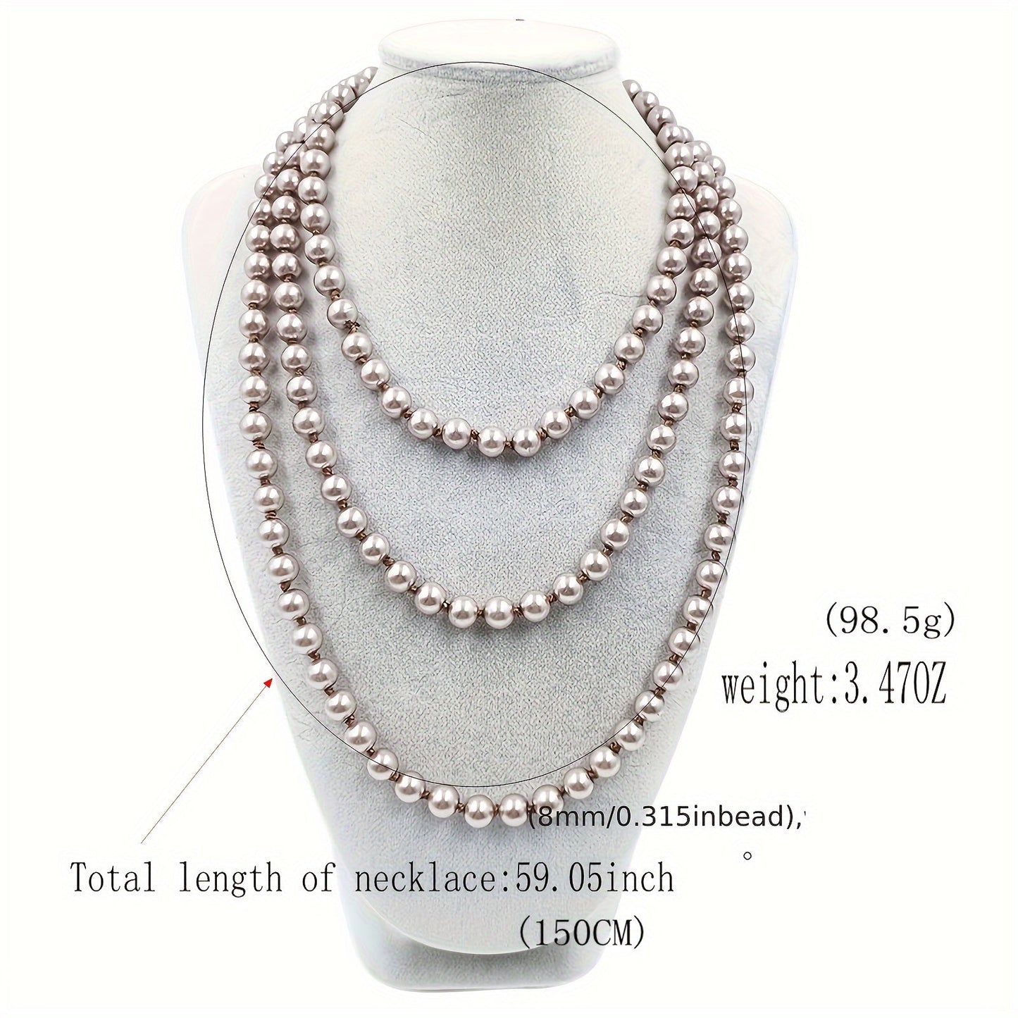 Long Multilayer Sweater Chain Necklace for Women with Simple Knots, featuring Glass Imitation Pearls measuring 8mm in diameter and a total length of 1.5m