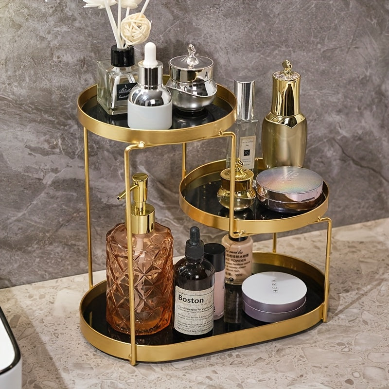 Stylish Gold Tiered Makeup Organizer - Portable, No Assembly Required - Ideal for Both Men and Women