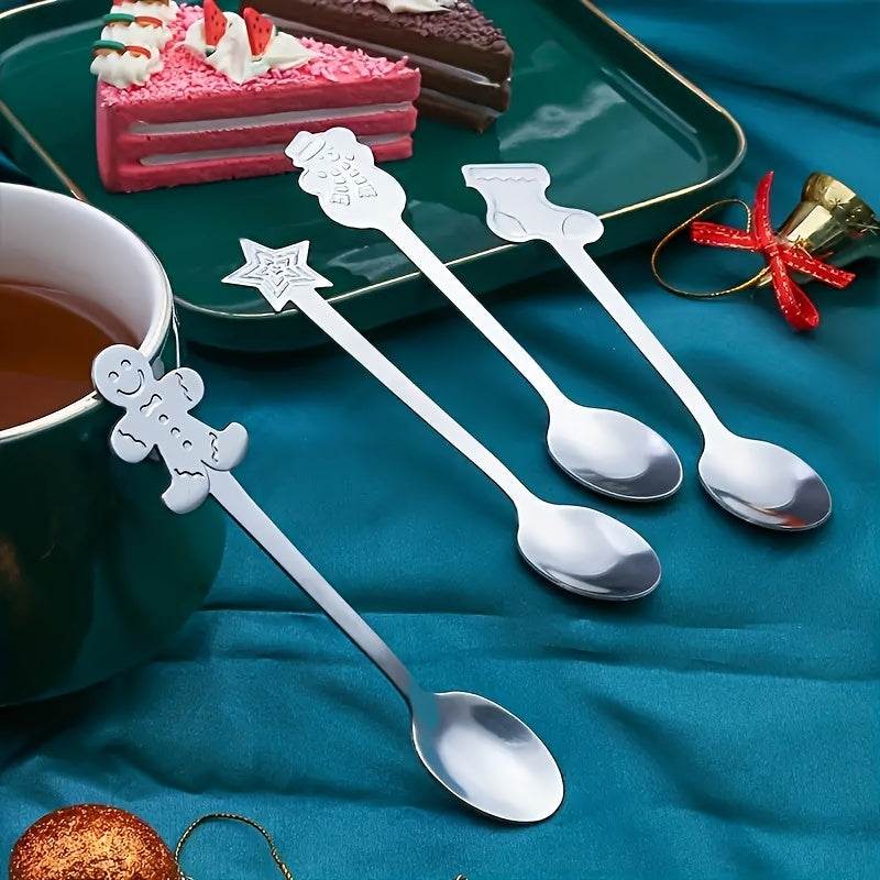 8-piece stainless steel mini spoon set with festive holiday designs for tea, coffee, desserts, and ice cream, perfect for use at home, restaurants, food trucks, cafes.