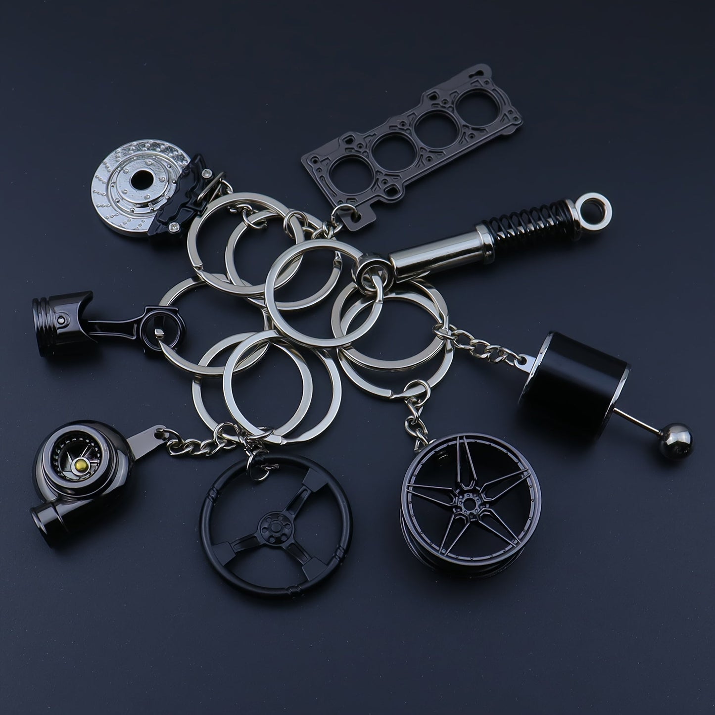 Car Enthusiast Keychain Set - 8 Pieces of Sleek Black Zinc Alloy Keychains, Showcasing Engine Components and More - Ideal Gift for Men