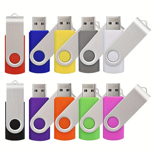 10 USB flash drives in various sizes, with metal swivel cover, multi-color, USB 2.0 memory stick for PC & laptop