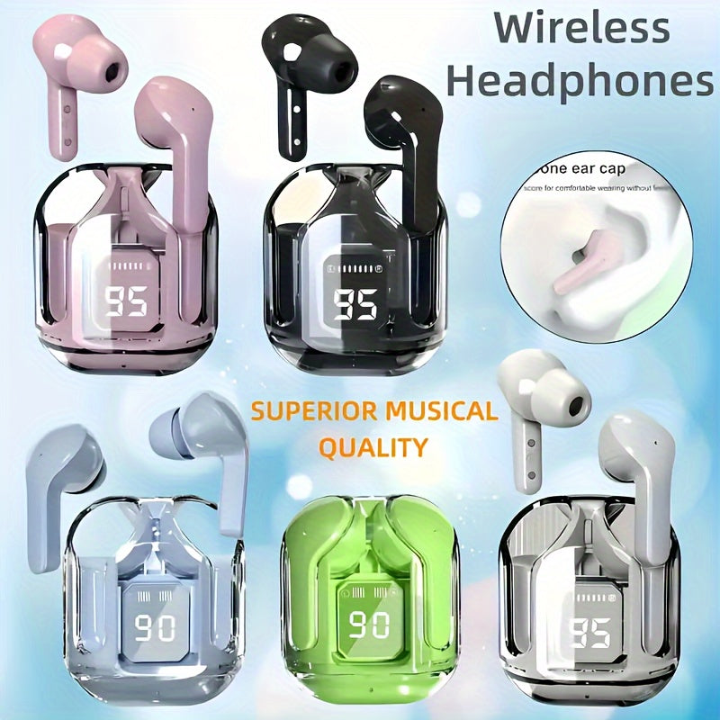 Transparent wireless TWS headphones for sports and fitness, ideal for running and exercise.