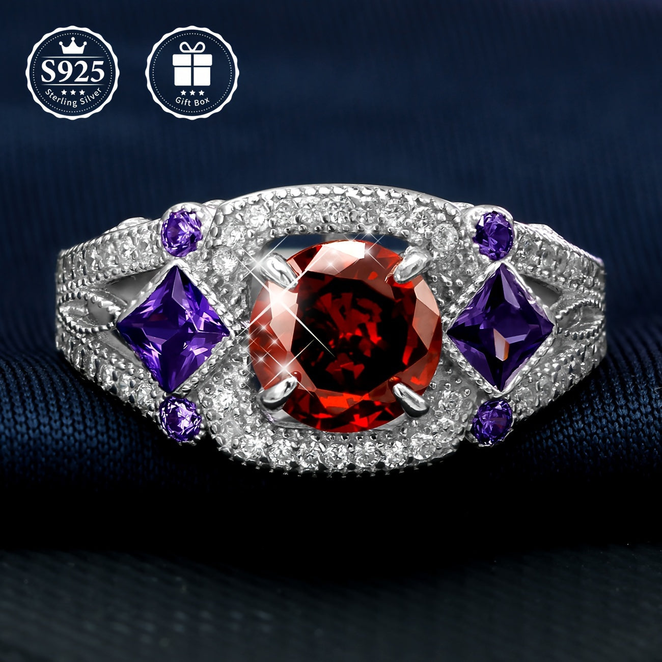 A stunning S925 Sterling Silver Ring with 24K Golden Plating, adorned with vibrant Multicolor Cubic Zirconia and Purple Gemstones - Perfect for Weddings, Parties, or as a Valentine's Day Gift. Includes a luxurious gift box, crafted with high-quality