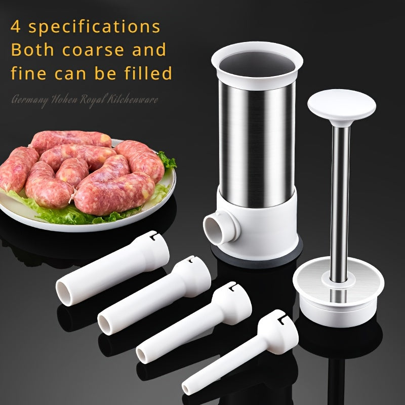 Manual sausage stuffing machine made of stainless steel, perfect for making homemade meat sausages and meatballs. Includes 2 and 5 pieces.