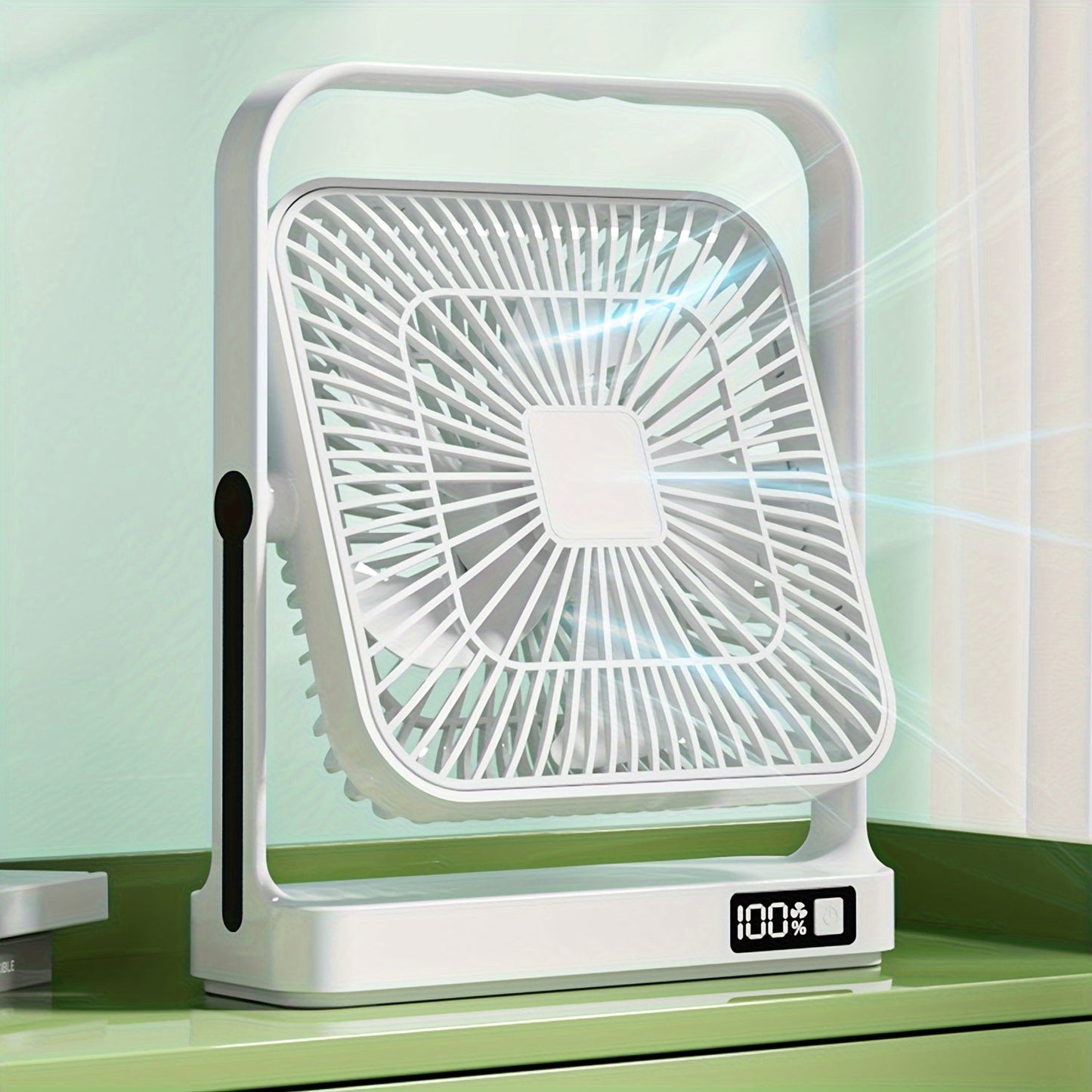 Introducing the Goard 8-inch Portable High-Velocity Table Fan with Digital Display and 5-Speed Button Control. This fan features a 360° rotating design and is USB rechargeable, making it perfect for travel, office, or home use. Made with ABS material and