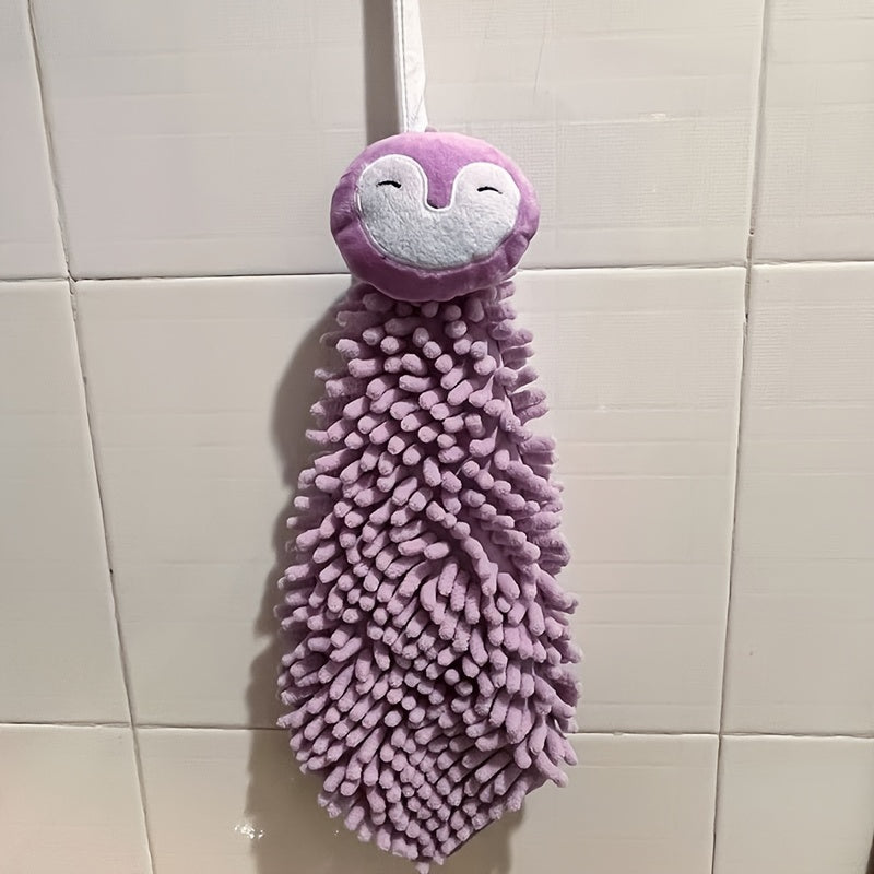 Chenille hanging towel with quick-dry, cute cartoon design and loop for bathroom.