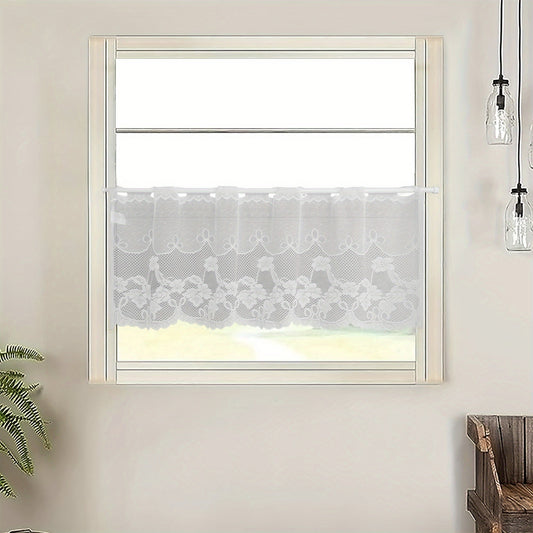 Vintage-inspired Elegant White Floral Lace Sheer Curtain, perfect for adding a touch of style to your kitchen or living room decor. This light-filtering and privacy-enhancing curtain is made of machine-washable polyester for easy care. Enhance your