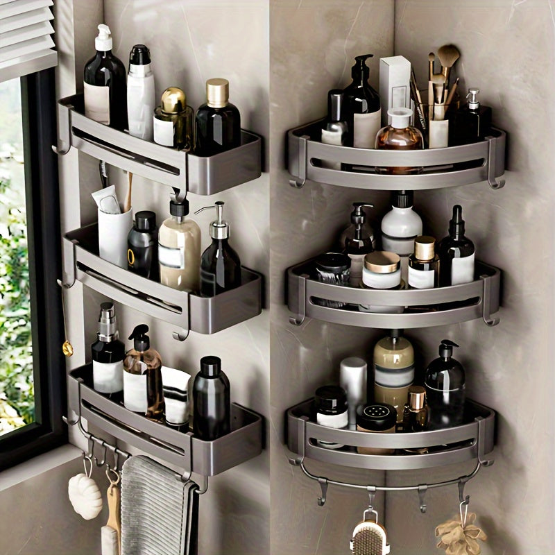 Wall-mounted bathroom storage rack for shampoo, shower gel, and cosmetics; made of space aluminum with no need for drilling.