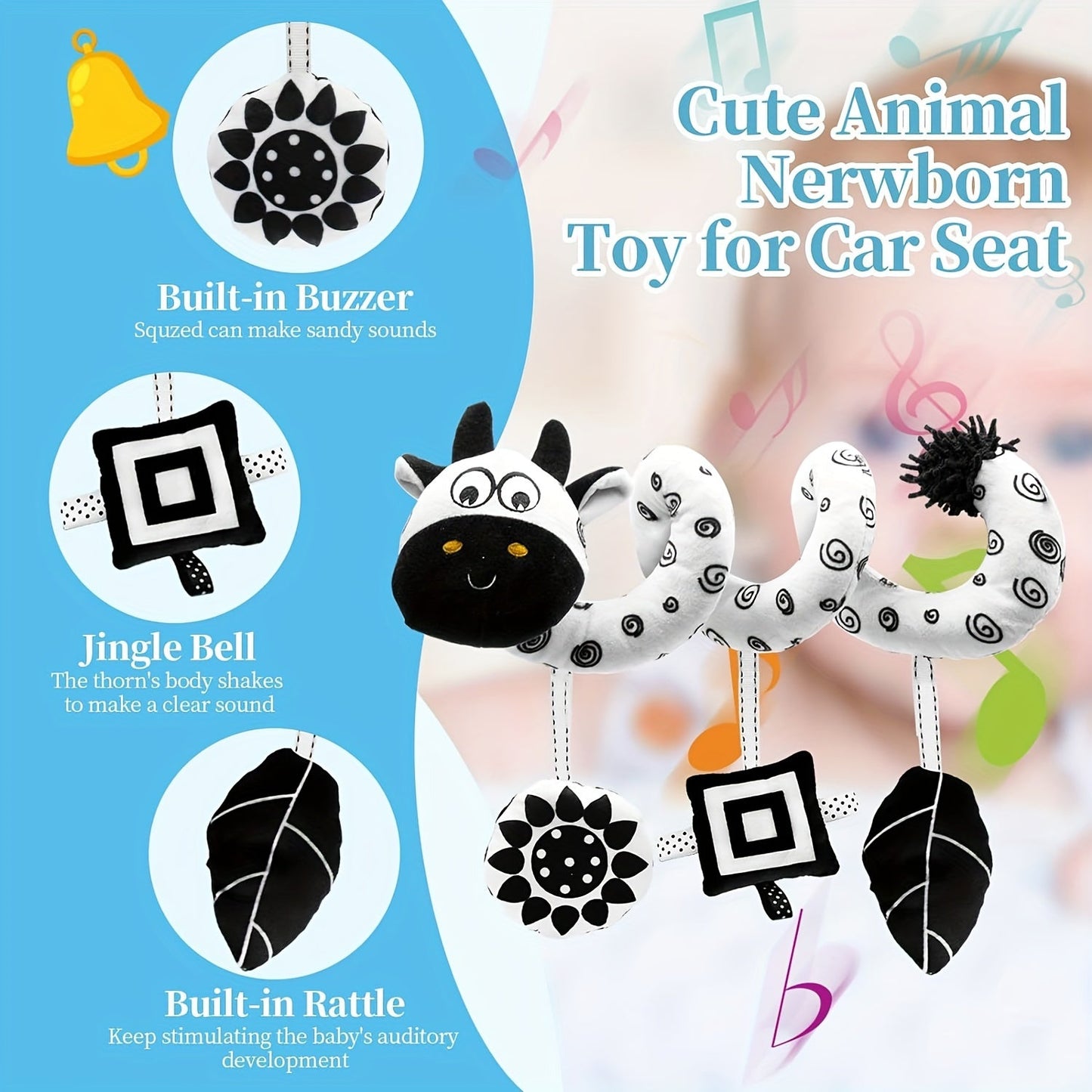 Experience the magic of USATDD Spiral Hanging Plush Toys for Baby Car Seats! These soft and high contrast activity animal educational toys are perfect for newborns, infant boys and girls ages 0-12 months. They make the perfect Christmas, Thanksgiving