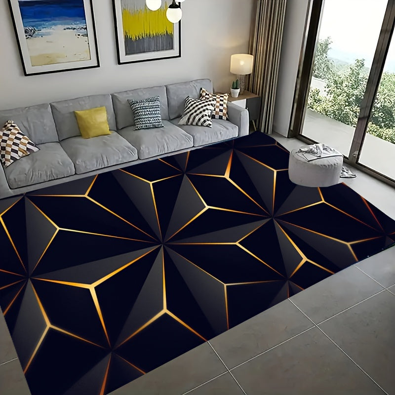 Stylish Black and Gold Geometric Area Rug - Contemporary, Easy-to-Clean Flannel Plush Carpet for Living Room, Bedroom, Entryway - Slip-Resistant, Absorbent Floor Rug