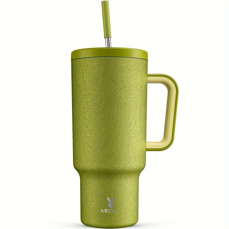 Stainless steel tumbler with lid and straw, leakproof and BPA-free for hot/cold drinks, ideal for camping, hiking, and driving.