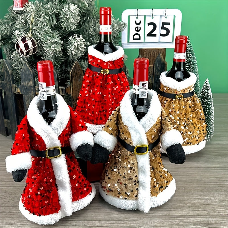 Set of 2 Festive Christmas wine bottle covers with sequined attire, plush hats, and leak-proof sweater. Perfect for wine lovers, home decor, and family gatherings.