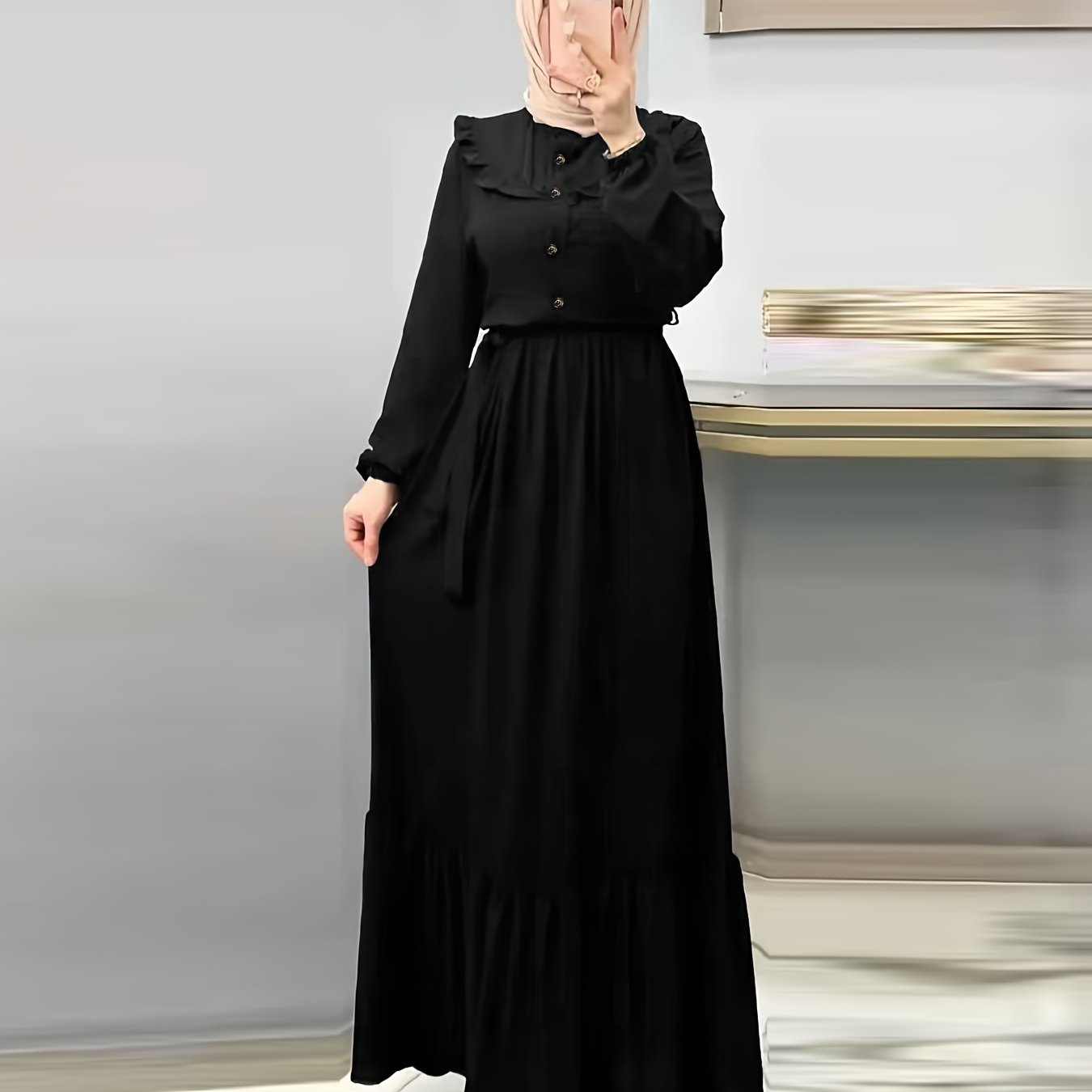 Elegant Burgundy Maxi Dress for Muslim Women with button detail, long sleeves, and machine washable. Made with Polyester & Spandex blend. Hijab not included.