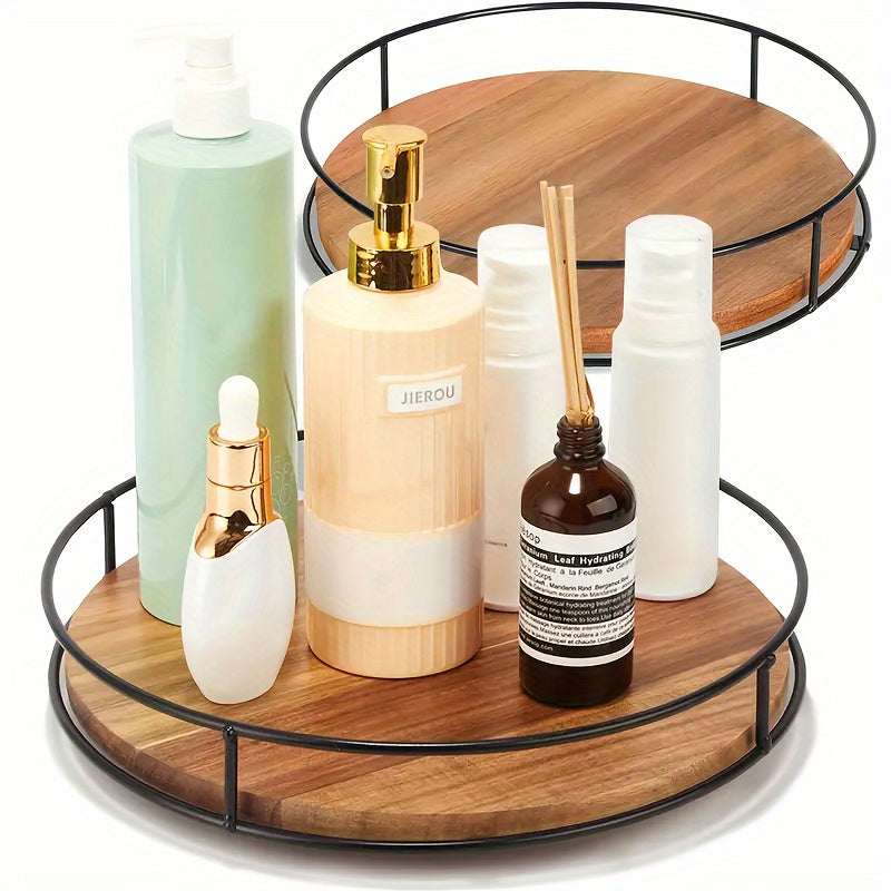 Wooden rotating storage rack with steel handrails, kitchen seasoning tray, Susan turntable, solid wood rotating tray.