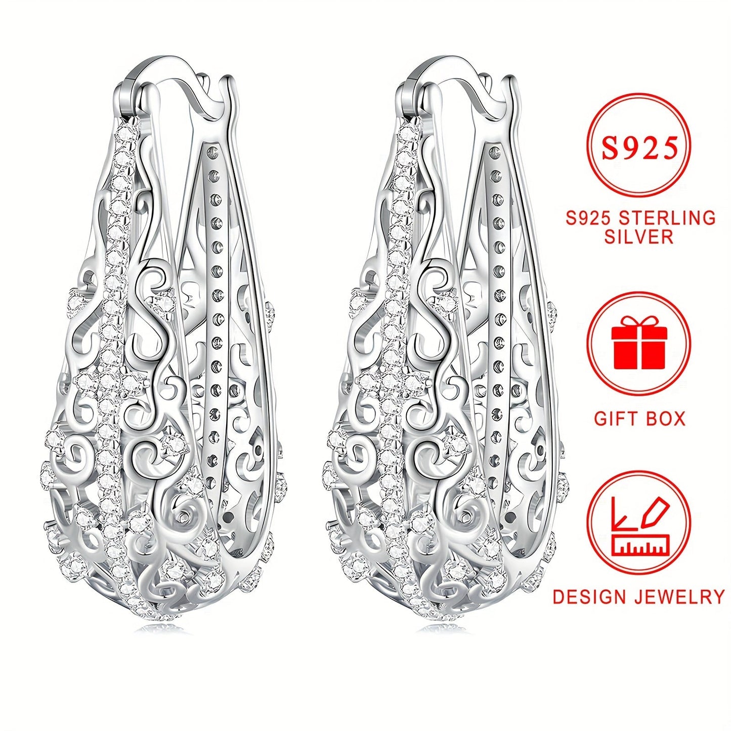 Pair of large earrings weighing approximately 3.4g with 925 pure Silver, boasting a low allergy level. These elegant earrings feature a female Zirconia flower pattern, electroplated with luxurious 18K Gold. A fashionable and exquisite piece of jewelry