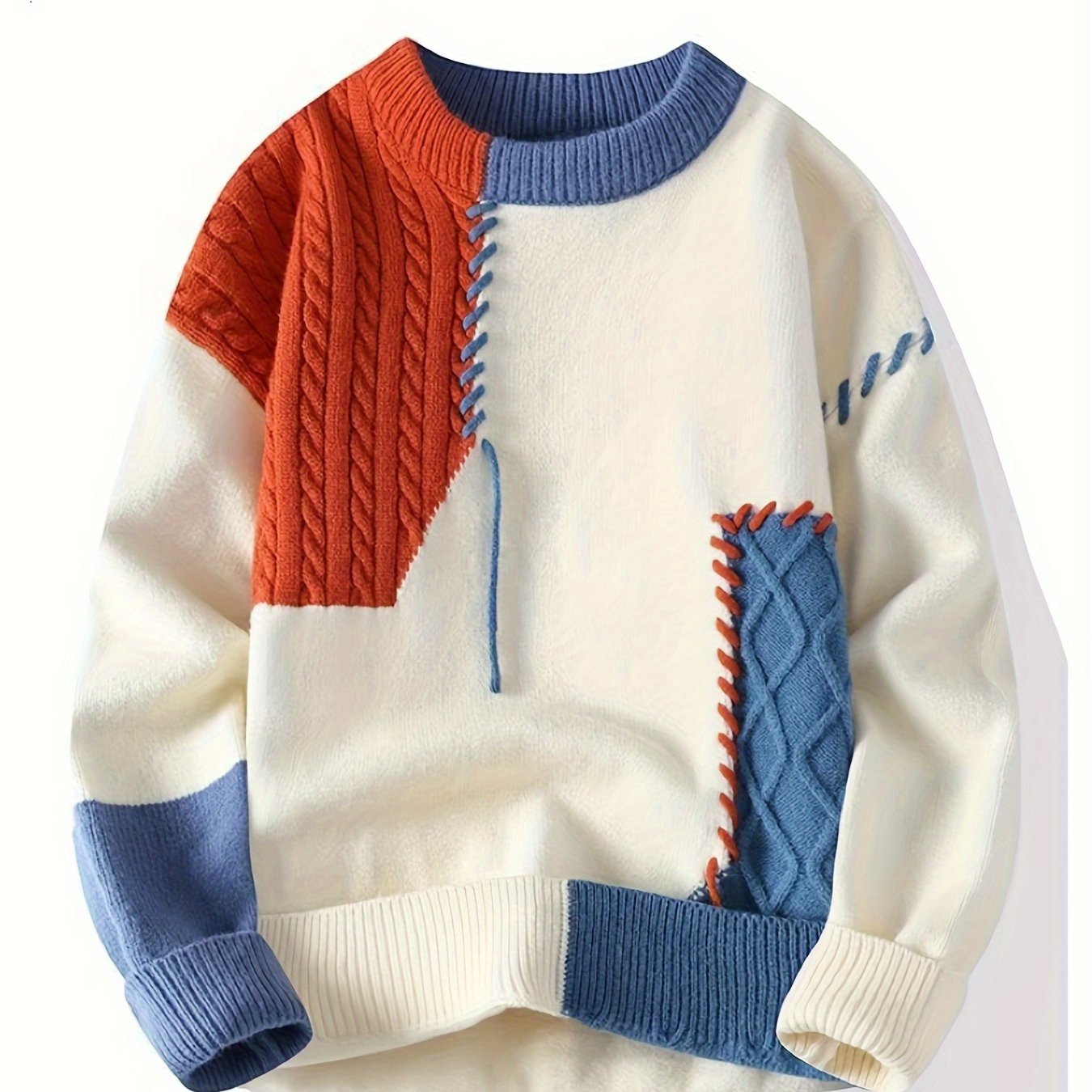 Men's Color-Block Cable Knit Sweater - Soft, Relaxed Fit for Autumn/Winter Comfort