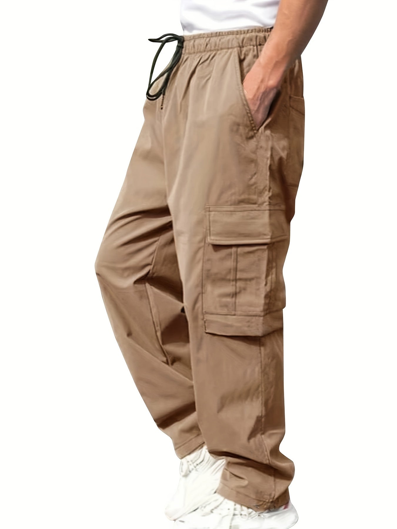 Men's olive green cargo pants with side pockets, adjustable waist, and lightweight twill fabric - perfect for casual street style jogging in all seasons.