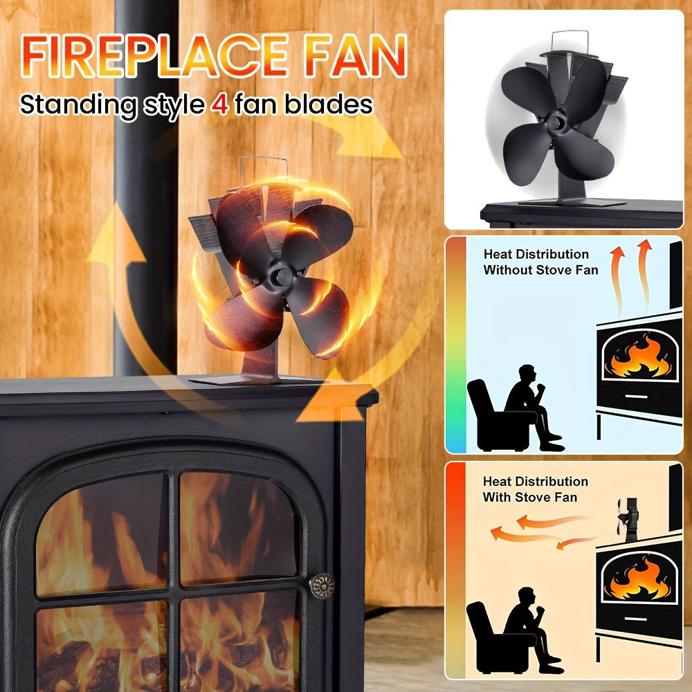 Heat powered stove fan for optimal energy efficiency and increased home comfort. This 4-blade fireplace fan promotes energy savings.