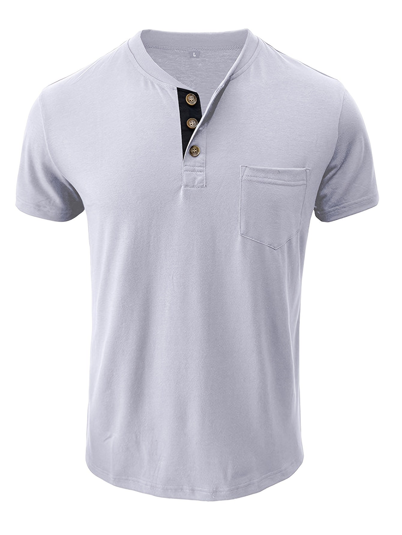 Men's Classic Blue Henley Shirt with Comfortable Fit, Casual Short Sleeve, Chest Pocket, Round Neck, Machine Washable - Ideal for Casual Attire.