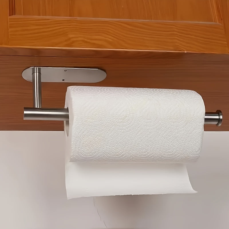 A sleek and modern paper towel rack that doesn't require any drilling, saving space in your kitchen or bathroom. This durable organizer can hold paper rolls, plastic sheets, and towels with ease. Installation is quick and easy, making it a stylish and