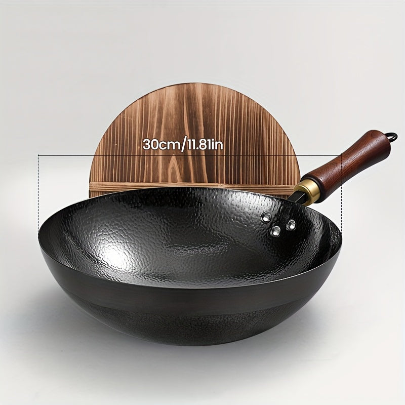 Hand-Forged Traditional Cast Iron Wok with Wooden Lid and Handle - Healthy Coating-Free Cooking - Rivet Reinforcement - 32cm Chef's Pan