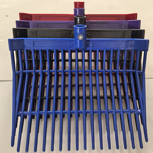 Durable ABS horse stall cleaning fork in large blue and black, with secure attachment handle for efficient clearing of manure and hay.