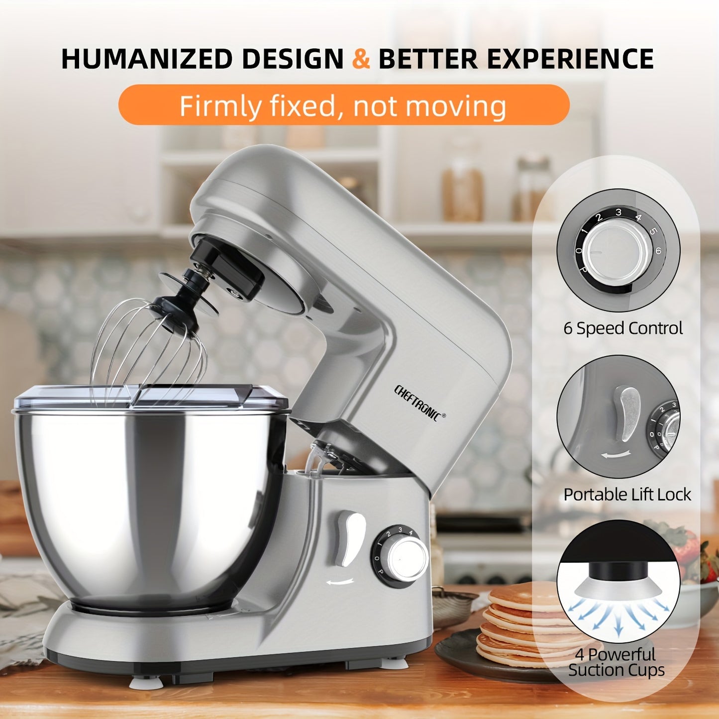 CHEFTRONIC Stand Mixer - 5L Tilt-Head Elektron Stand Mikser, 1300W 6+P Tezlik, Xamir Qopqog'i, Qamchi, Oziq-ovqat Aralashtirgichi, Yog' Qamchi.