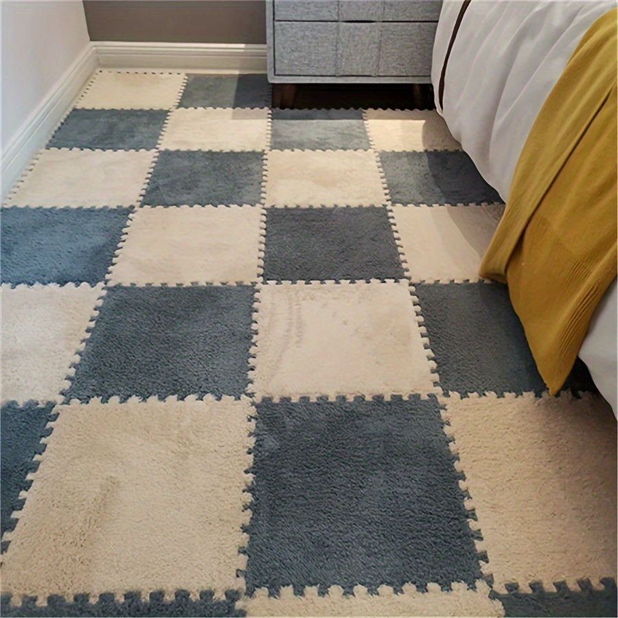 12 pieces of Creative Puzzle Carpet, a Full Town Puzzle Mat featuring Solid Color Square Bedside Rug and Bedroom Foot Rug measuring 29.97 by 29.97 cm.