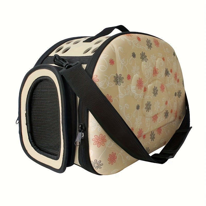 Portable, foldable cat carrier with breathable design and durable shell, ideal for outdoor adventures.