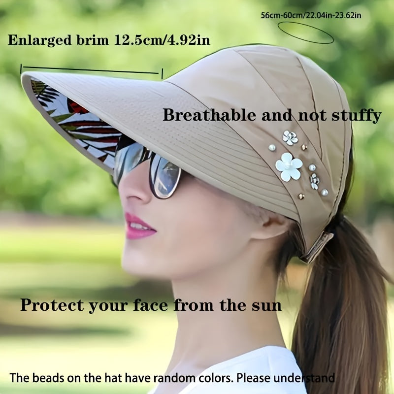 Stylish beaded sun visor for women with UV protection and foldable design, perfect for daily outdoor use.