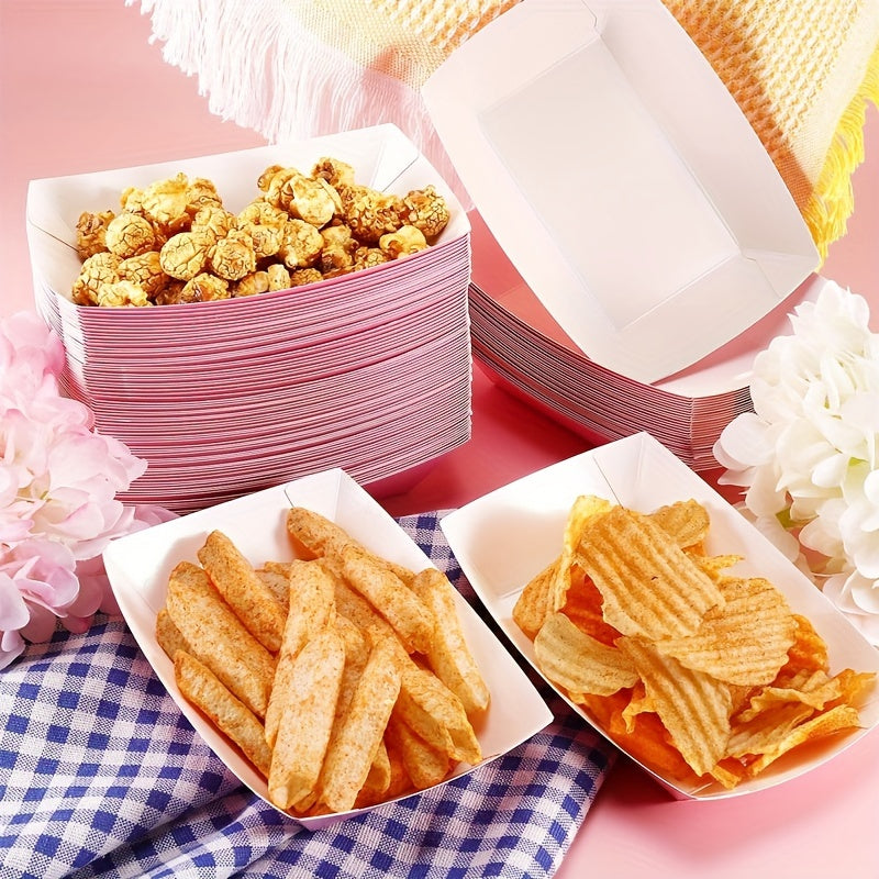 Paper food tray boats, perfect for serving French fries, popcorn, or other snacks at New Year, Christmas parties, gender reveal, birthdays, Valentine's Day, anniversaries, graduations, and family dinner events. Comes in a pack of 10 disposable Kraft