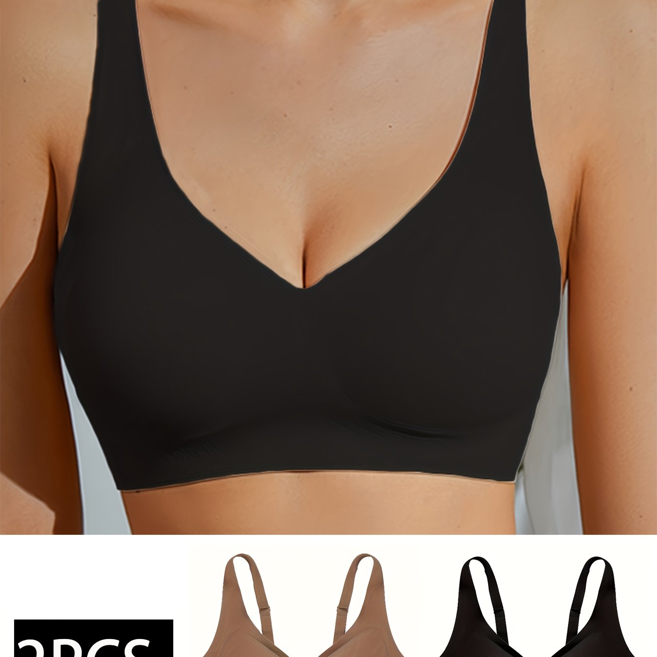 2 Seamless V-Neck Wireless Bras with removable pads made of 85% Polyamide and 15% Elastane knit fabric. Solid color, full cup design, breathable, and quick-dry.