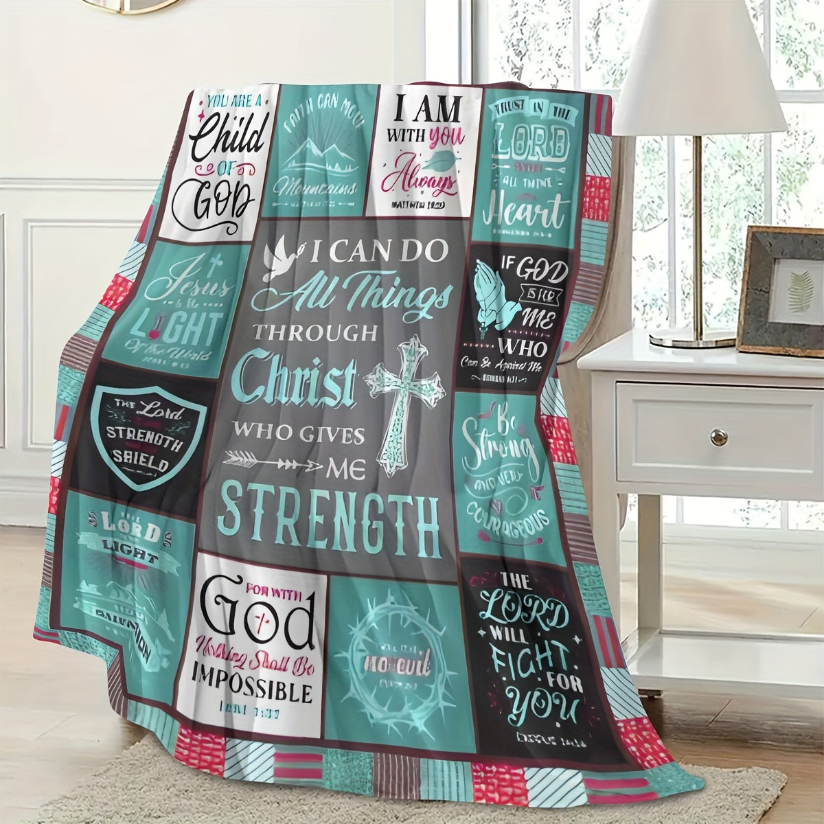 One piece of Christian Inspirational Quotes Flannel Fleece Throw Blanket featuring Religious Scripture Verses. This tear-resistant blanket is perfect for all seasons and has a digital print design. Made of polyester in a contemporary style, it is a great