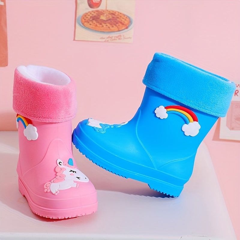 2024 Upgraded Youngsters' Plush Rain Boots - Unicorn & Rainbow Design with Warm Fleece Lining, Durable PVC, Slip-On for Boys & Girls - Ideal for Outdoor Adventures, All-Season Wear