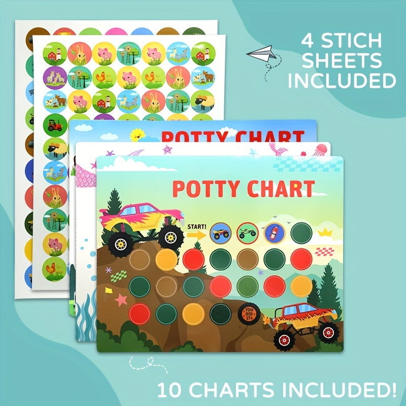 Sticker charts for children's toilet training featuring mermaid, car, and farm designs. Includes stickers for Christmas, Halloween, and Thanksgiving gift rewards.