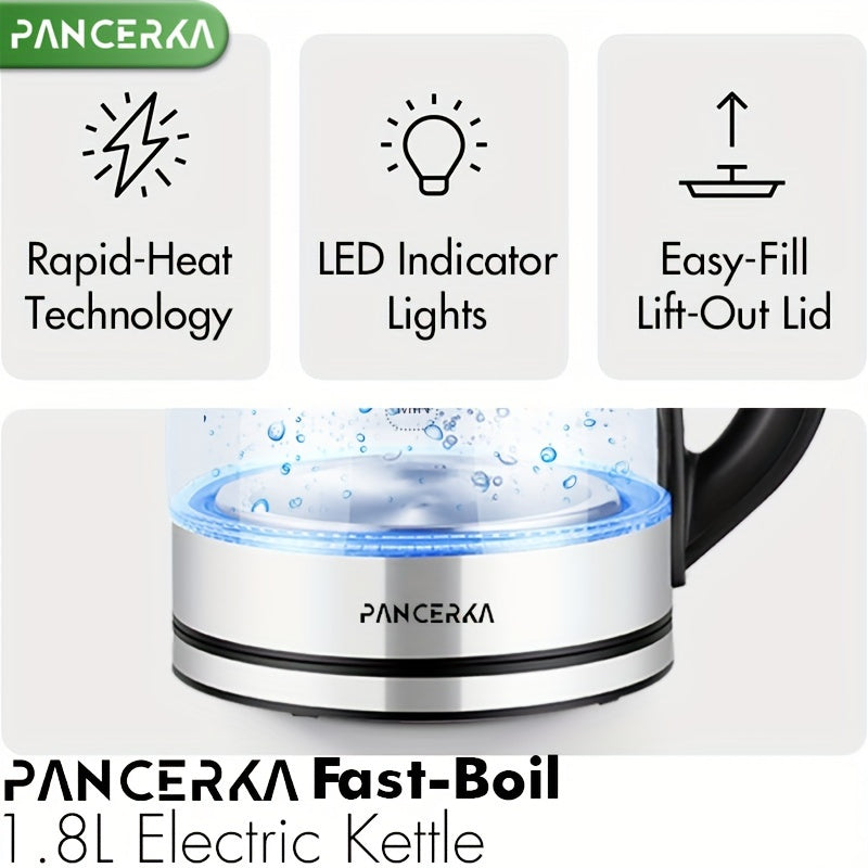 PANCERKA Electric Kettle, 1.8L, LED Illuminated, High Borosilicate Glass, Auto Shutoff, Boil-Dry Protection, 360° Base, Stainless Steel, 220V-240V, European Standard Plug, Rated Power 1500W