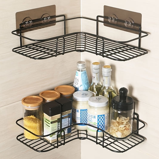 No-drill black metal corner shelf with hooks for robes and towels. Waterproof adhesive mount for bathroom organization.