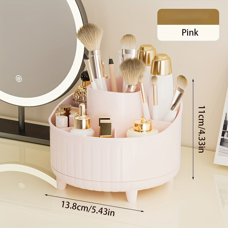 Rotating makeup organizer with large capacity for cosmetics, brushes, skincare, and office supplies. No installation needed, polished finish.