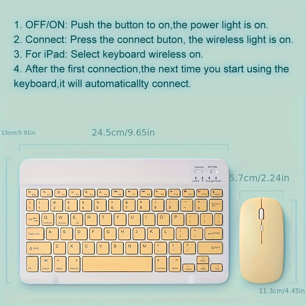 Slim wireless keyboard and mouse set for iPads, tablets, laptops, and office computers.