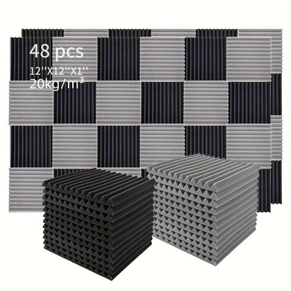 48pcs Acoustic Foam Panels, Fire Resistant Sound Proof Padding, 2.54cm×30.48cm×30.48cm, Ideal for Bedroom Studio Office, Black and Gray.