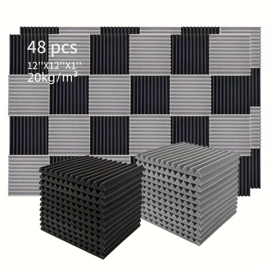 48pcs Acoustic Foam Panels, Fire Resistant Sound Proof Padding, 2.54cm×30.48cm×30.48cm, Ideal for Bedroom Studio Office, Black and Gray.