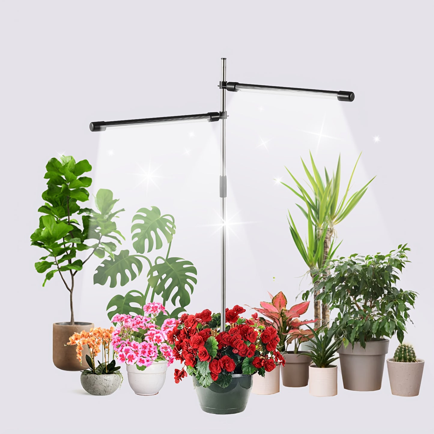 LED Plant Light with Full Spectrum for indoor plant growth, USB plug with 10 adjustable levels and automatic timer for 3, 9, and 12 hours.