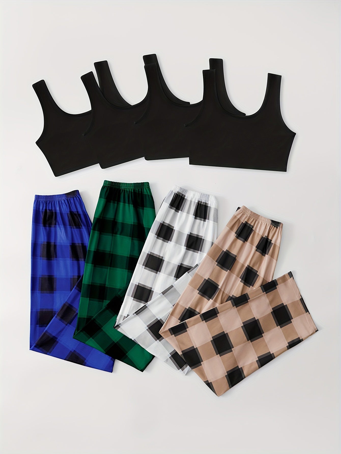 4-piece women's pajama set includes sleeveless crop tank, plaid long pants in black, green, blue, and beige. Made of soft polyester blend with elastic waistband and lace trim. Machine